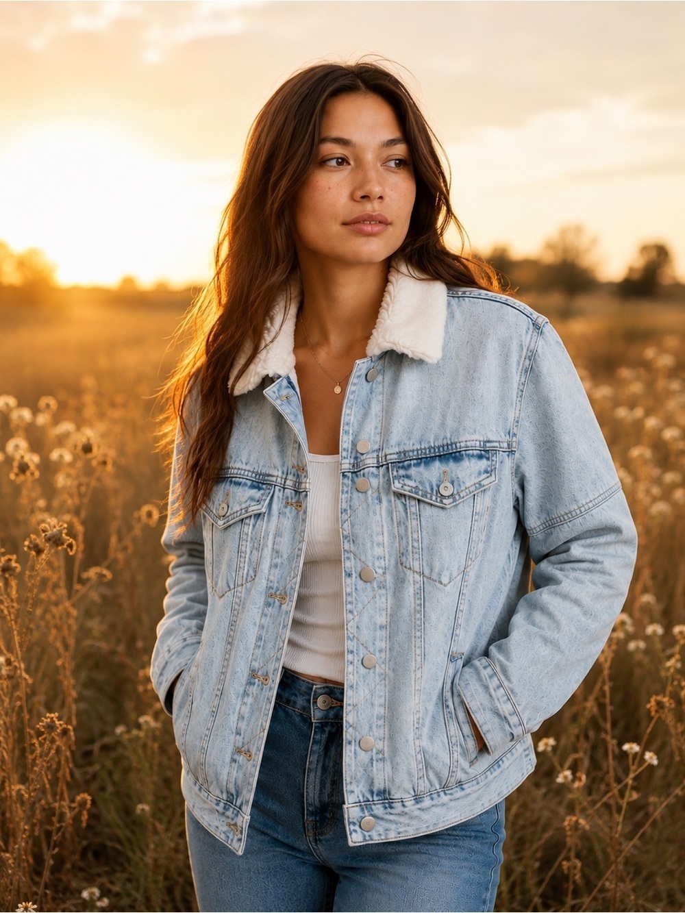 American Eagle Light Denim 90s Trucker Barn Jacket With Sherpa Lining Large